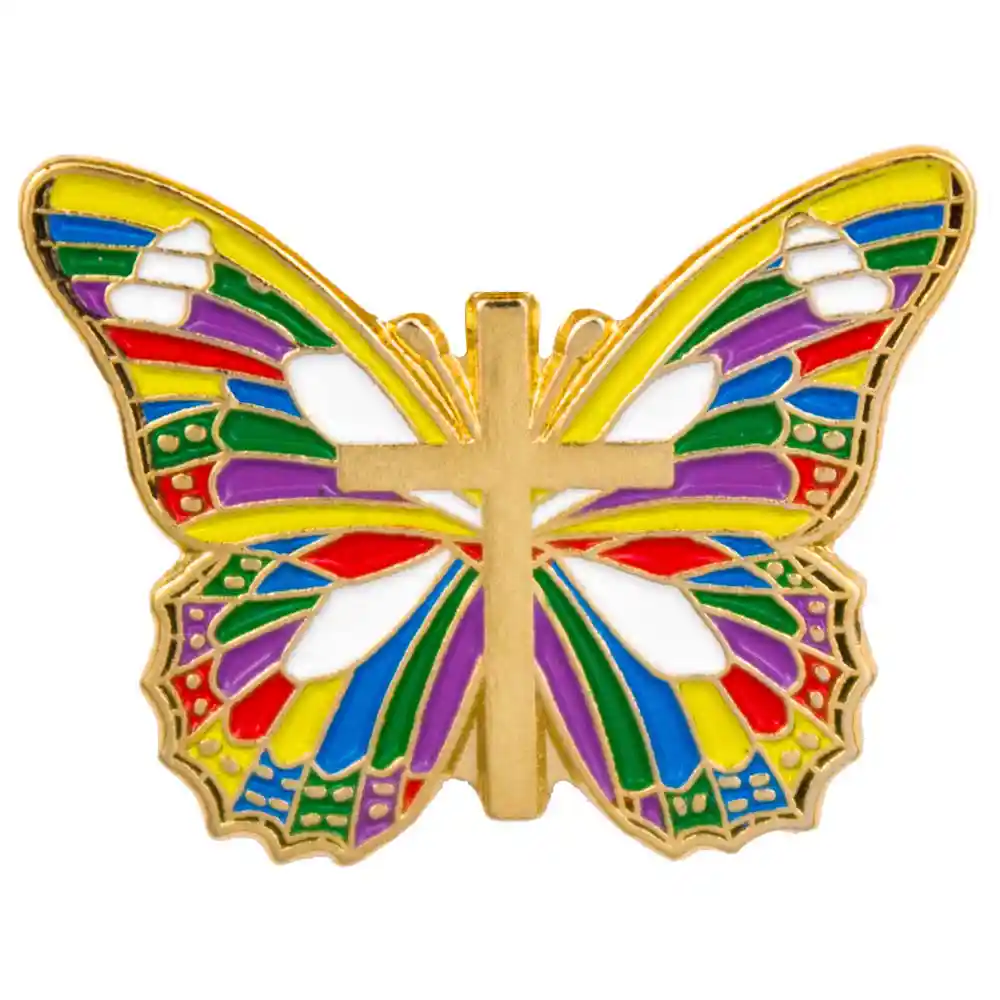 Butterfly and Cross Pin with the Colors of Salvation