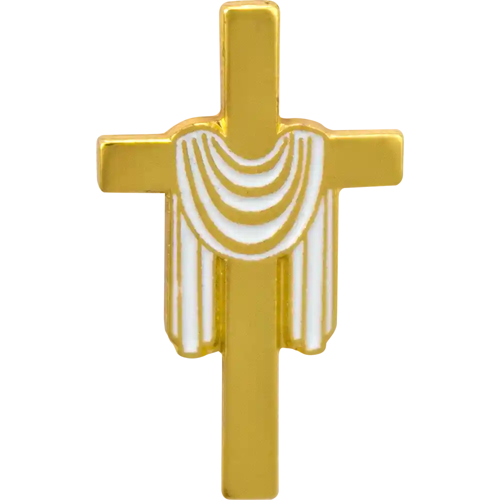 Easter Cross Pin with White Shroud on a Gold Cross - Front