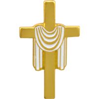 Easter Cross Pin with White Shroud on a Gold Cross