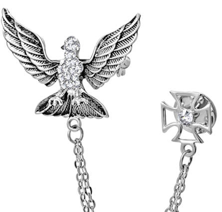 Bird Brooch with CZ Stones, Chain and Cross Pin