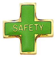 Safety Cross Lapel Pin Green, Gold Plated