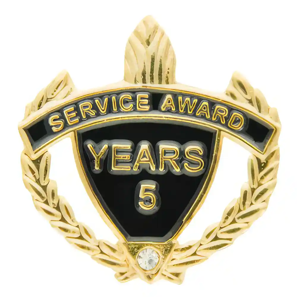 5 Year Award Pin for Service - Gold with Rhinestone Accent