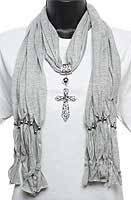 Grey Scarf with Silver Jeweled Cross Pendant