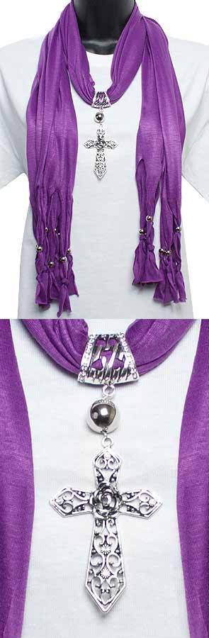 Jeweled Cross Pendant Purple Scarf