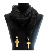 Black Charm Scarf Wood Cross Pendants