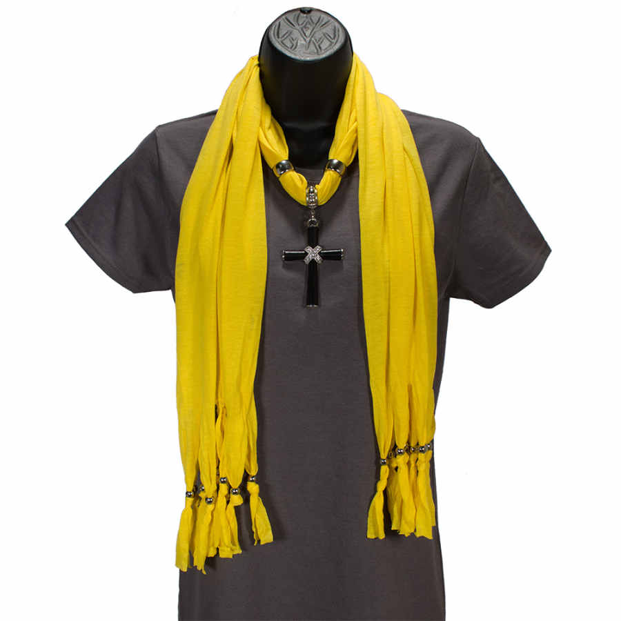 Black Jeweled Rope Cross Pendant on Yellow Scarf