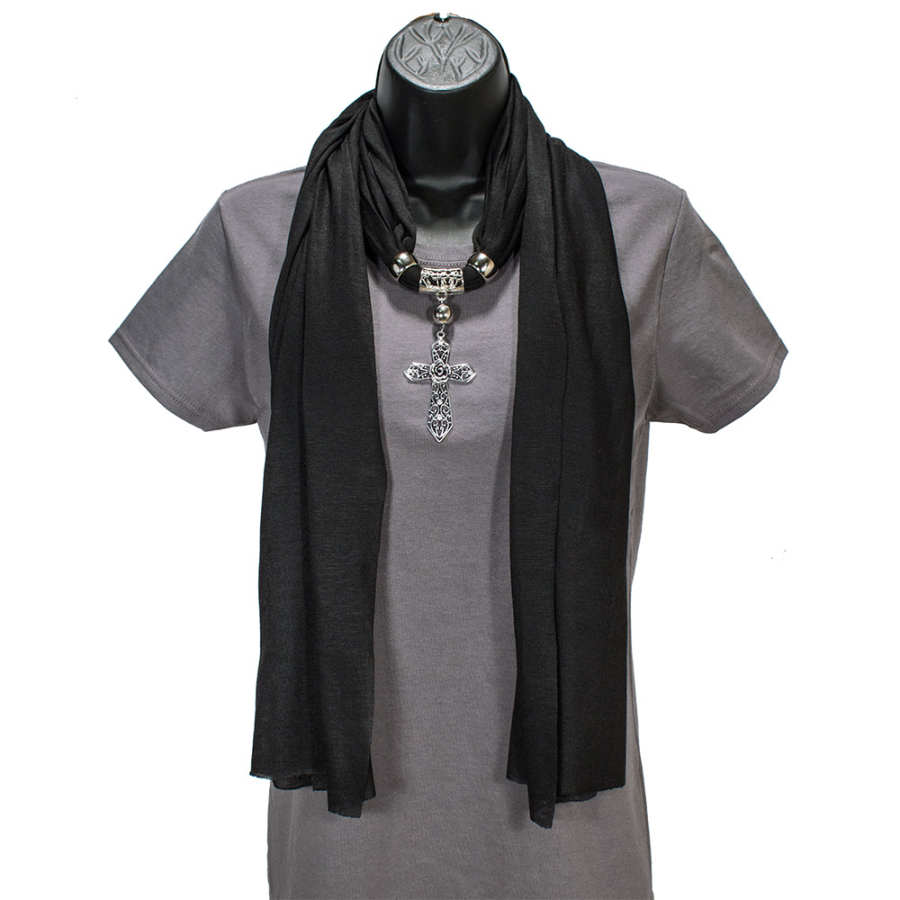 Charm Cross Pendant Jewelry Scarf Black