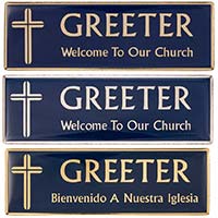 Gold Blue Greeter Magnetic Badge English, Spanish