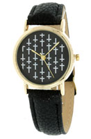 Black Gold Cross Watch Leather Band Woman's